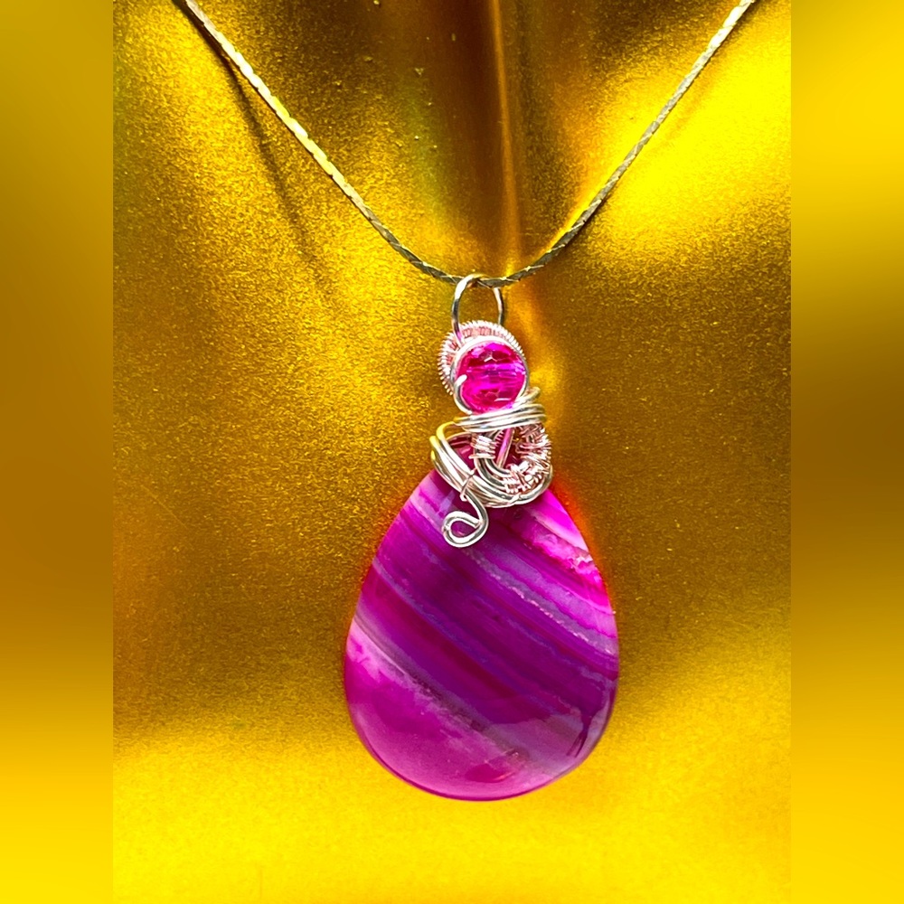 ⭐️💜wire wrapped pink agate -silver/copper pendant -artisan